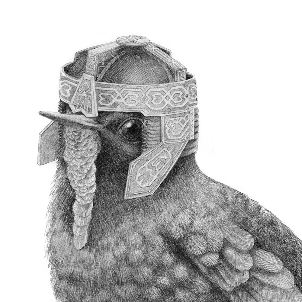 pencil portrait illustration Blue-mantled Thornbill Hummingbird Middle Earth Gimli dwarf helmet Lord of the Rings Jeanne Melchels